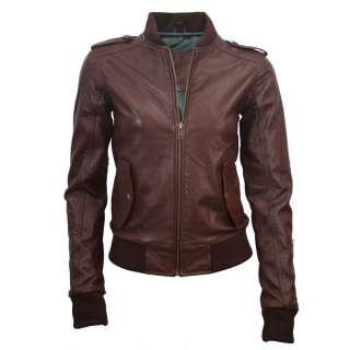 Light Brown Womens Leather Hooded Hood Bomber Jacket  