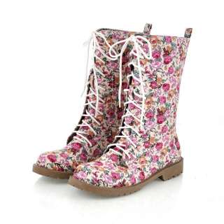 Womens Pink Floral Punk Lace Up Military Boots #780b  