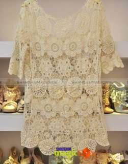 2012 Women Fashion Vintage Sweet Lace Flower Middle Sleeve Shirt Top 