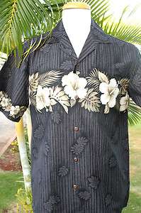 Black Hibiscus Band Bamboo Background Hawaiian Men Aloha Shirt ~ MADE 