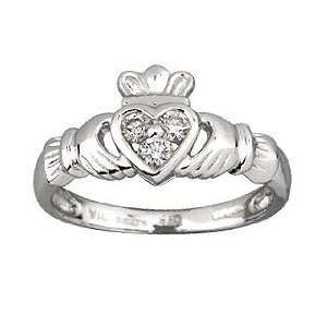  14k White Gold Claddagh Ring with 3 Diamond Heart   Size 4 