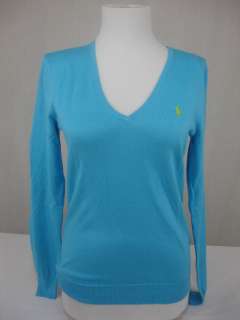 Ralph Lauren POLO $125 V Neck Pima Cotton Sweater Jumper Blue Lime 