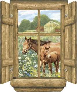 View of Horses through Log Window Peel & Stick Mural  