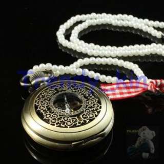 Brass Steampunk Mechanical Pocket Watch Pearl Necklace  