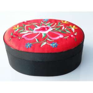  Jewelry Box Oval Silky Satin Embroidery Japanese Flora Design 