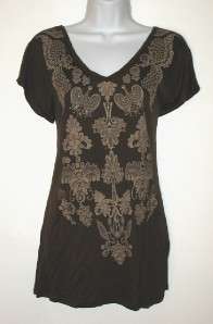 NWT Womens ADOBE STAR Brown Lace Print T Shirt Top S  