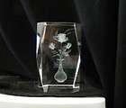 3D ROSE VASE ETCHED GLASS CRYSTAL LAZER ART   WITH DISPLAY STAND 