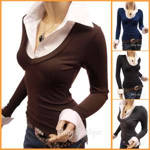 Smart Shirt Collar V Neck Cuff Sleeve Knit Top 2 in 1 Style  