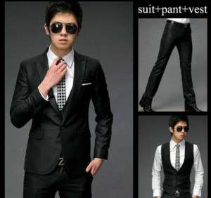 Black New Mens slim fit one Button dress suit+pant+vest  