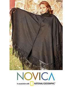 Black Floral Elegance Alpaca Wool Poncho (Peru)  Overstock