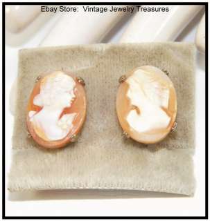 Vintage CORO Carved Shell Cameo & Gold Tone SB Earrings on Card  