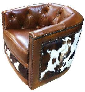 COWHIDE AND LEATHER BARREL CHAIR  