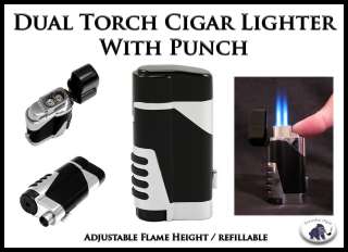 Deluxe Dual Torch Butane Cigar Lighter w Cutter Punch  