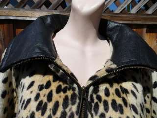 Vintage 60s MOD Faux Fur Animal Print Coat with Leather Details Front 