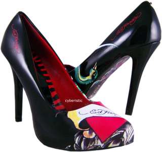 Womens Ed Hardy Sunset Heart Black Pumps Heels Shoes  