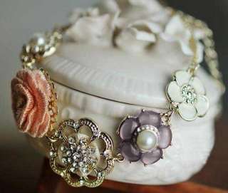  Plated Rhinestone Enamel Flower Rose Pearl Bracelet New Comming  
