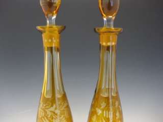 PR C1890 BOHEMIAN CLEAR CUT GOLD & ACID ETCHED GLASS DECANTERS W BIRDS 