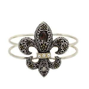 Fleur De Lis Bangle ; 55 mm Medallion; Silver Metal and Gold Tone with 