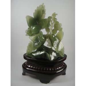 Genuine Jade Carving Three Birds and Flowers with Wood Stand  