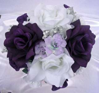 4pcs Bridal bouquet wedding flowers PURPLE / SILVER  