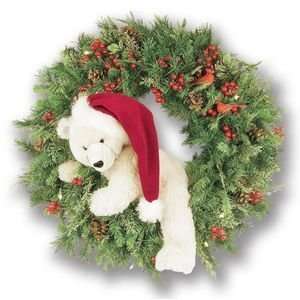 Holiday Wreath Stuffed White Bear Berries Pine Cones 