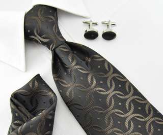   Handmade Woven silk Mens Tie Circle necktie set Cufflinks black 124