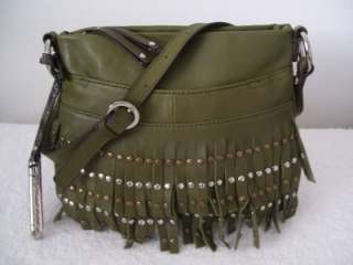   Leather Cross Body Messenger Studded Fringe Bag Purse Olive Green