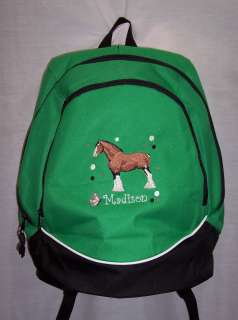 PERSONALIZED CLYDESDALE HORSE Backpack book bag green  