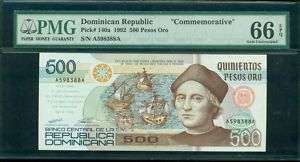 PMG 1992 500 PESOS ORO DOMINICAN REPUBLIC COMMEMORATIVE  