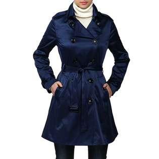   Womens Emma Double Breasted Sateen Trench Coat in Navy 