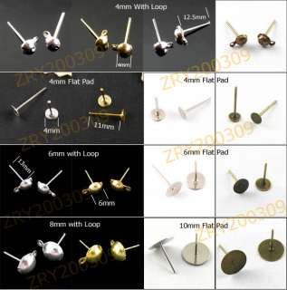  Silver,Golden,Bronze Flat Pad or W/Loop Earring Stud Post T008  