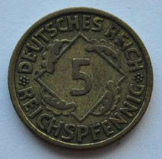 1935 Germany Third Reich 5 Pfennig Coin XF, 100% Authentic.