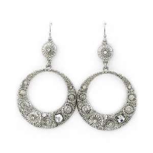   Silvertone Clear Rhinestone Circle Dangle Earrings Fashion Jewelry