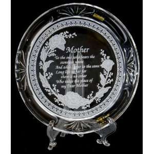 ETCHED CRYSTAL GLASS MOTHER PLATE WITH EASEL STAND:  