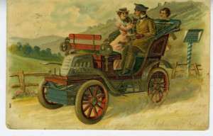 1909 Embossed Postcard People in Vintage Auto w/ Cupid  