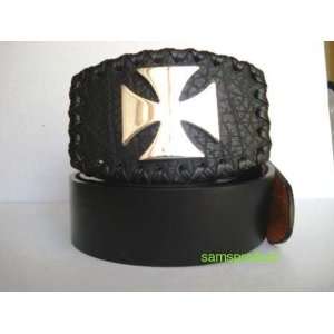   Black Leather 3D Silver Iron Cross Belt Buckle & Belt 