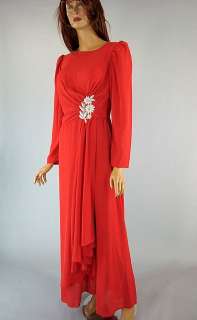 Vintage 60s Red Chiffon Christmas Party Evening Dress Beaded Emma Domb 