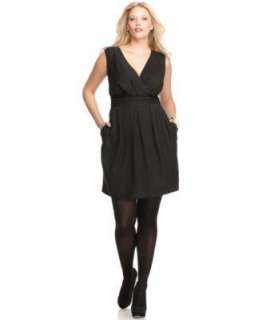 DKNY Sleeveless Cross Front Dress w/ Pockets Black Pin Stripe Plus 