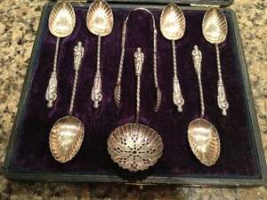 Rare Sterling Silver Figural Set Apostle Spoons, Tongs & Sifter Henry 