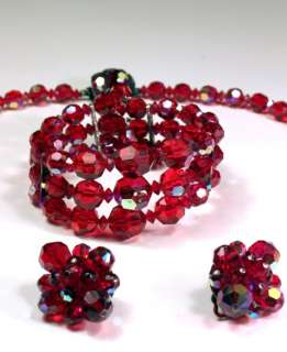 1950s Sherman Red AB Crystal Japanned Necklace, Bracelet and Earrings 