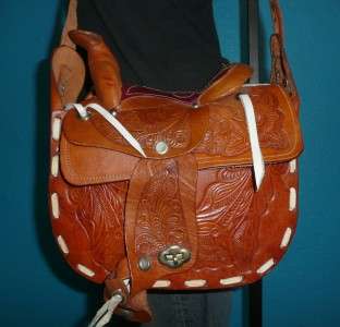 Vintage Brown Tooled Leather HORSE SADDLE Western Satchel Shoulder 