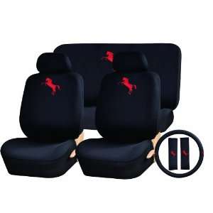 RED Mustan Pony   A Set of 2 Black Seat Covers, 1 Rear Bench Cover, 1 