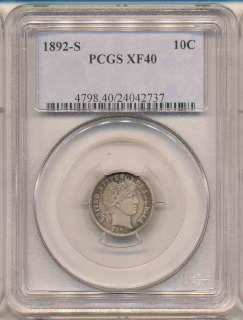 1892 S BARBER DIME XF40 PCGS. Sharply Detailed.  
