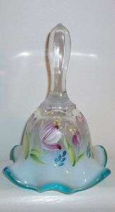 FENTON QVC 2003 BELL HANDPAINTED FRENCH OPALESCENT WITH TURQUOISE BLUE 