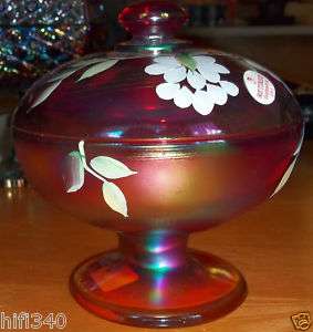 Fenton Hand Painted Carnival glass covered candy dish  