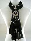 silver circle charm beaded black polyester fine jersey knit scarf