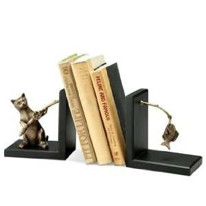  SPI Home Fishing Cat Brass & Wood Bookend Pair