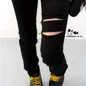Punk Unisex Bloodycat Skinny Zipper Torn Jeans Black  