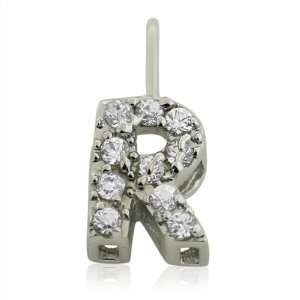  Sterling Silver Initial Alphabet Letter R Clear CZ Pave 