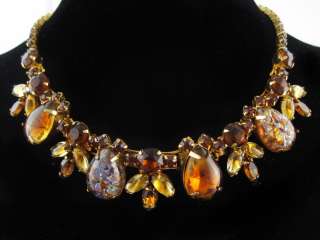Vintage Unusual Weiss Jeweled Amber Topaz Rhinestone Ornate Necklace 